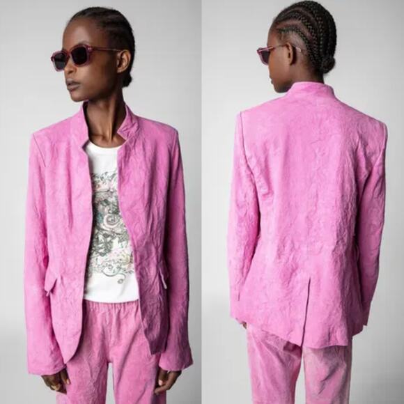 Zadig & Voltaire Very Daim Froisse Crinkled Suede Tulip Pink Blazer Jacket 34 XS - Picture 1 of 14